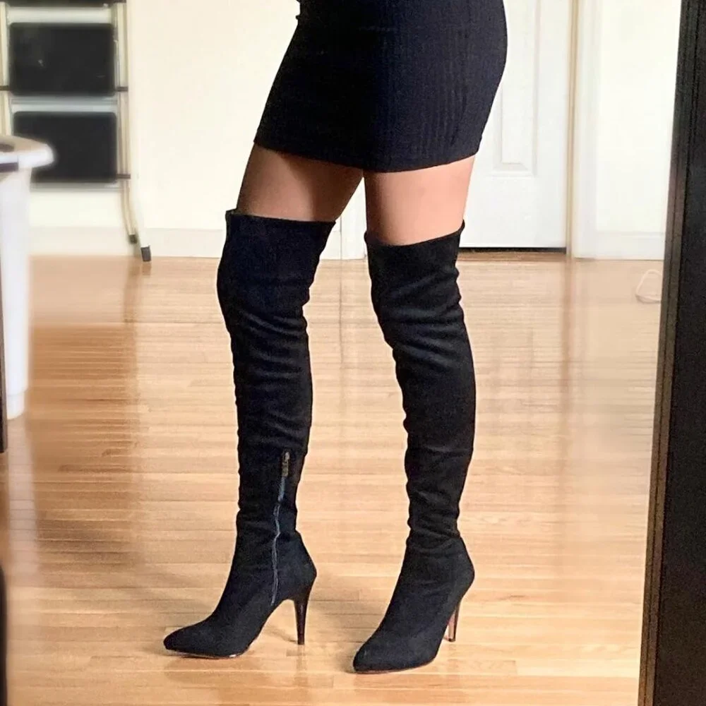 🆕Women Suede Black Over The Knee High Stretchy Leather Thigh High Snow Boots